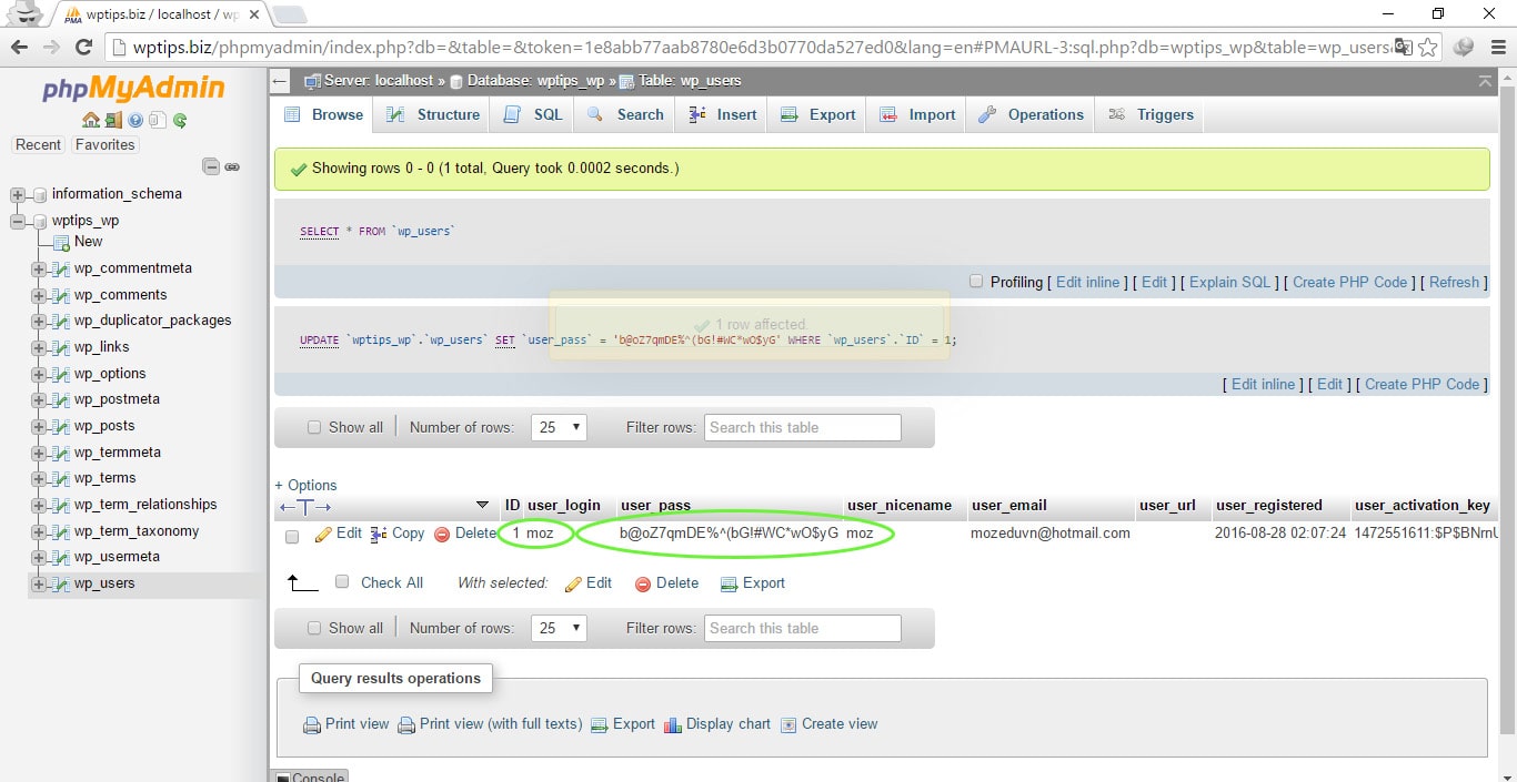 Và cuối cùng là vào wp_user để sử dụng tên và mật khẩu tại mục này