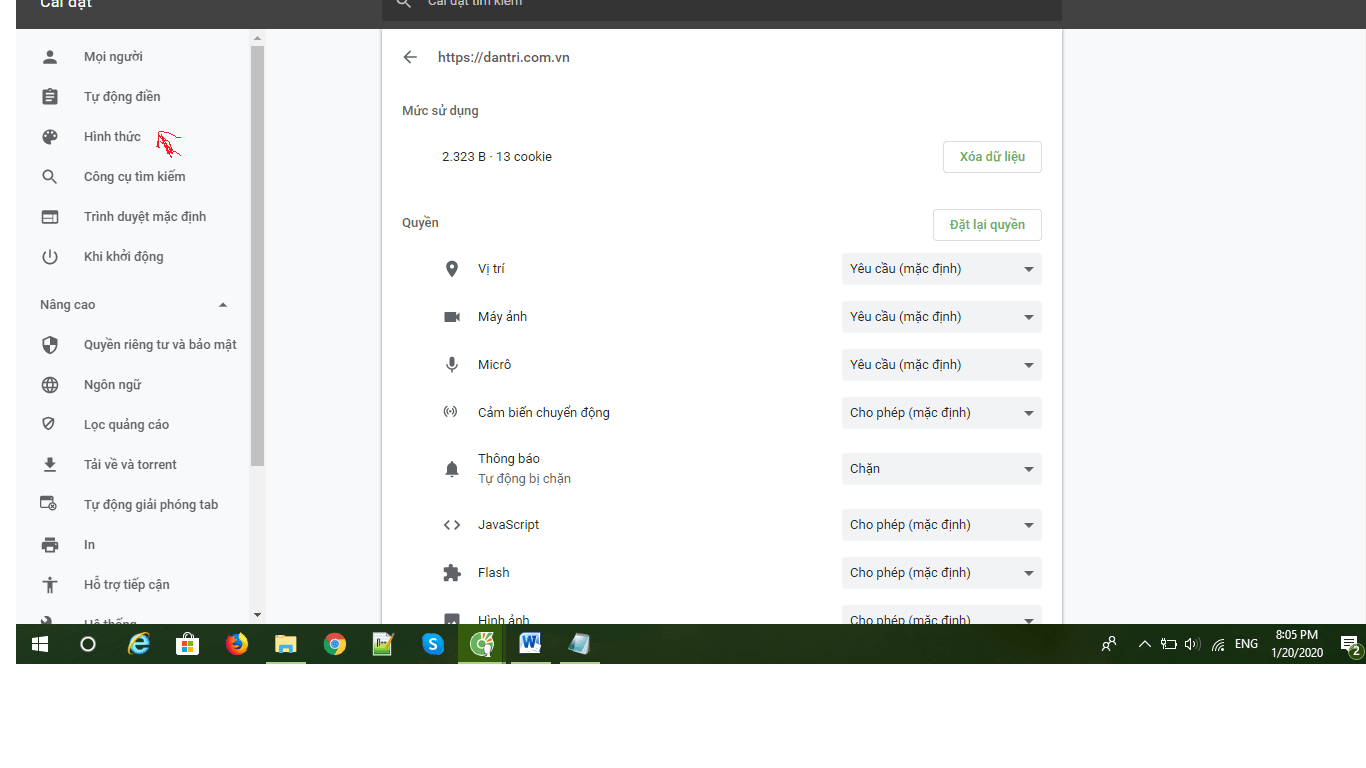 Vào cài đặt trang web